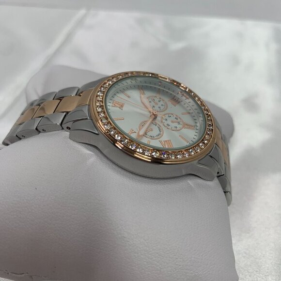 Womens FMD Quartz Analog Watch Rose Gold Silver Crystal Accents New Battery - Picture 3 of 8